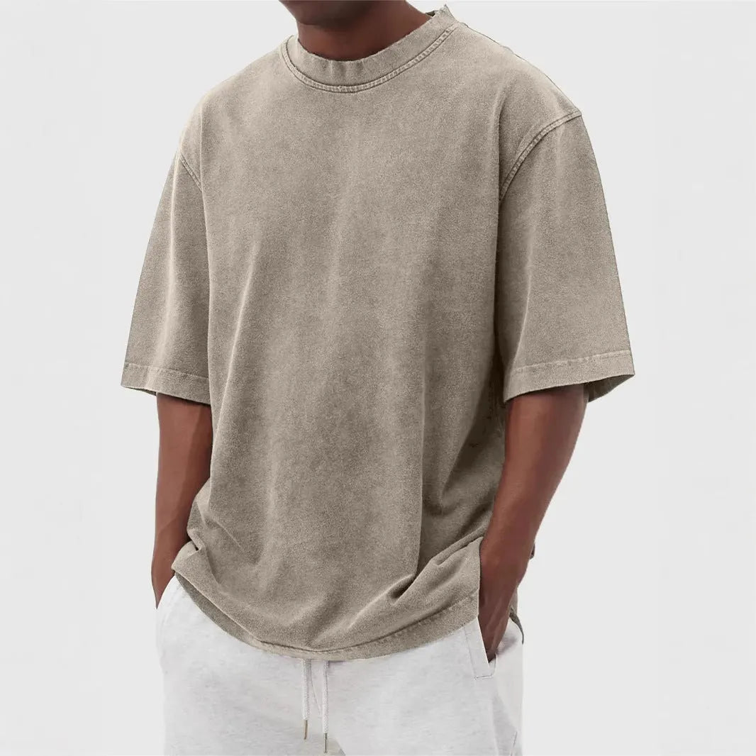 Men's stone washed pullover t-shirt in distressed blue colour with loose casual fit