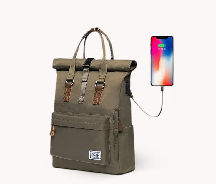 Casual polyester backpack in black, shown with cover open revealing internal laptop pocket and organiser.