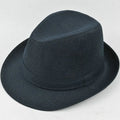 A men's brown fedora hat made from thickened suit material on a grey background.