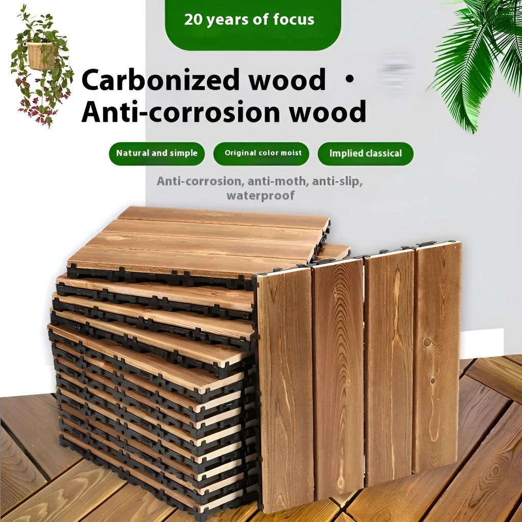 Camphor pine wood flooring tiles showing interlocking edges and wood grain texture