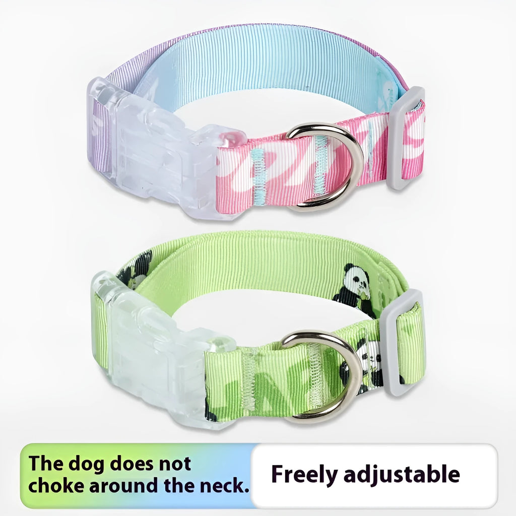 Cartoon patterned adjustable nylon dog collar in gradient colour and panda green, shown in S, M, L sizes.