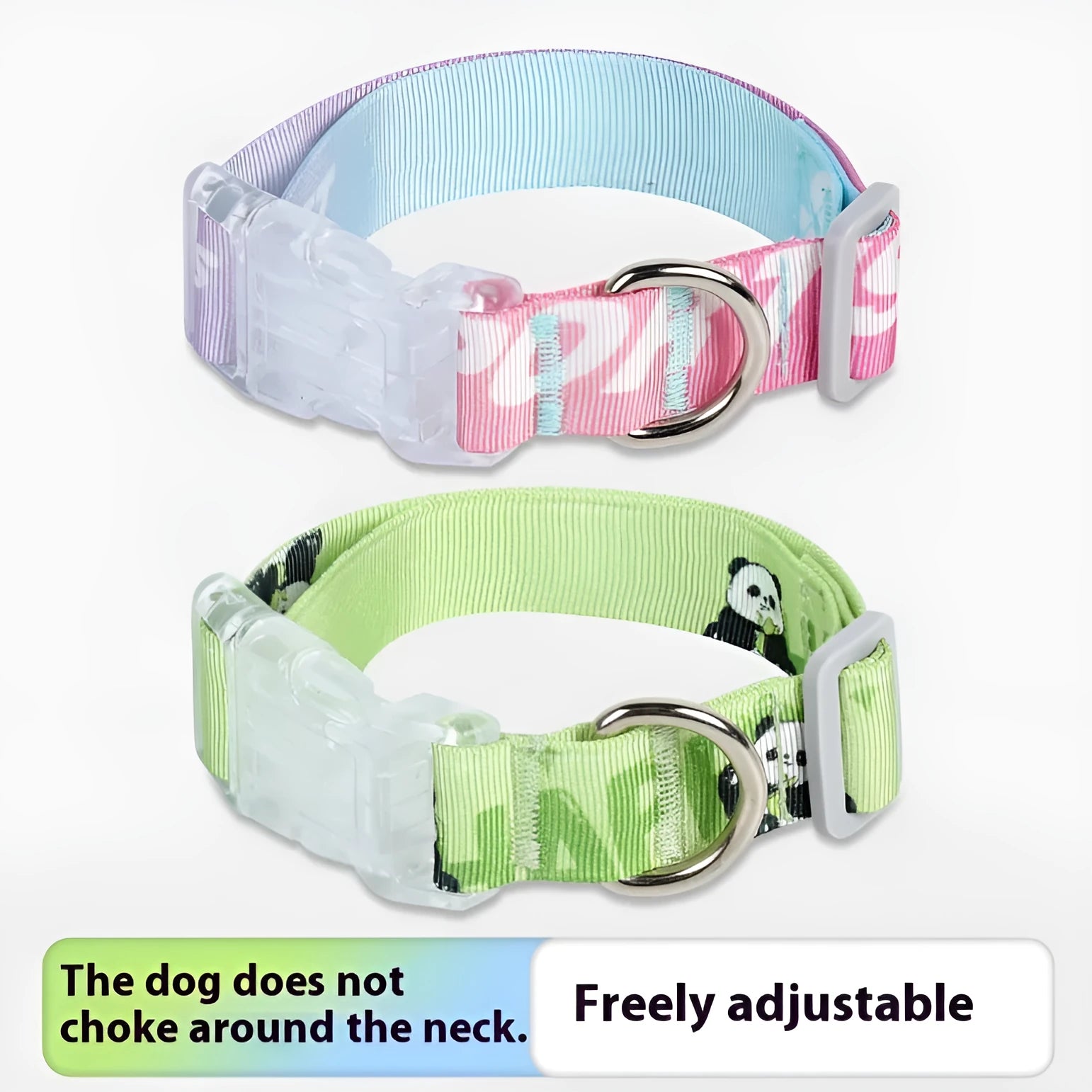 Cartoon patterned adjustable nylon dog collar in gradient colour and panda green, shown in S, M, L sizes.