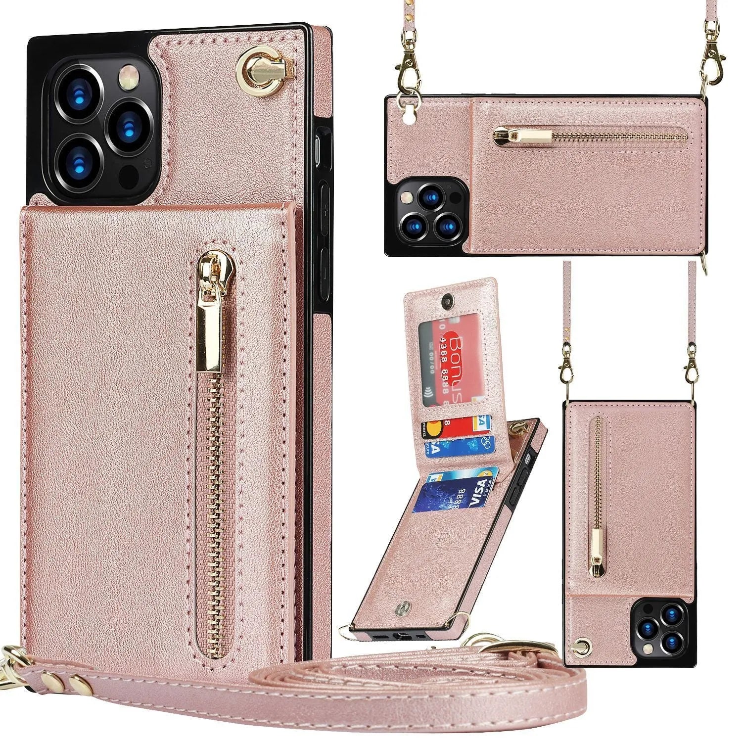 Leather and TPU protective phone case for smartphone in black, green, purple, red, and rose gold colours.