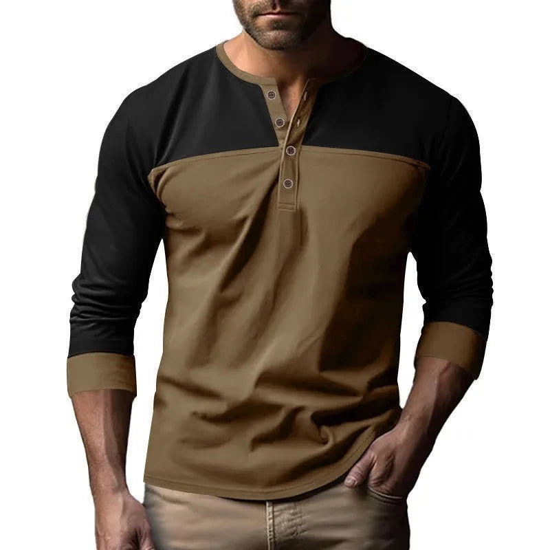 Retro long-sleeve henley collar bottoming shirt in solid beaded twill with colour-matching detail