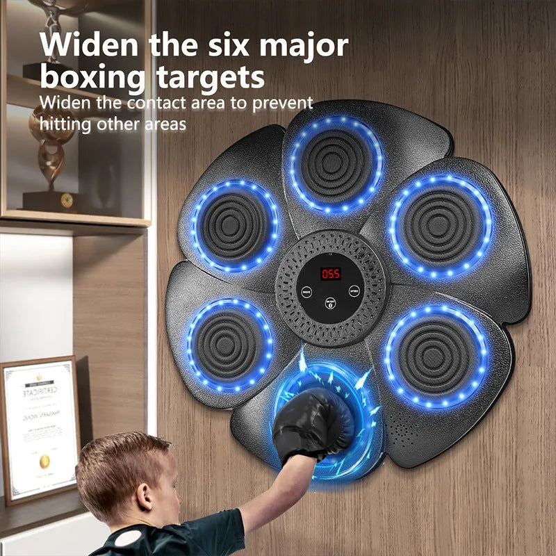 Black smart boxing target wall mounted with Bluetooth and LED lights, half-finger boxing gloves