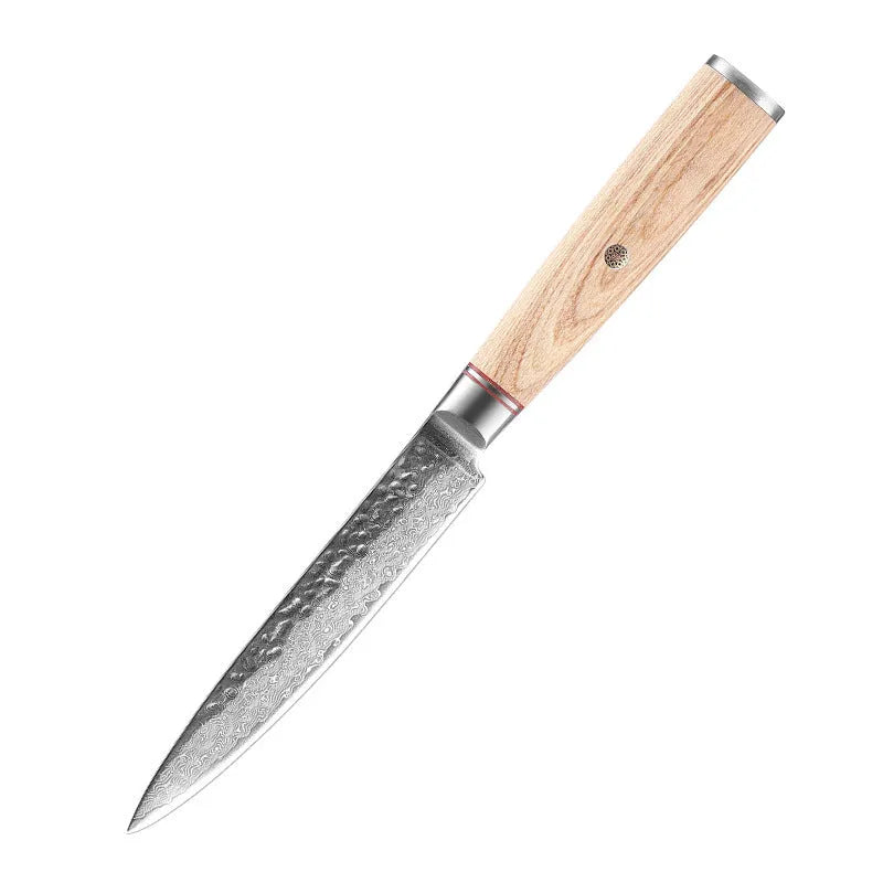 Damascus steel kitchen knife with patterned blade and Melaleuca core, 8 inch chef knife shown on cutting board