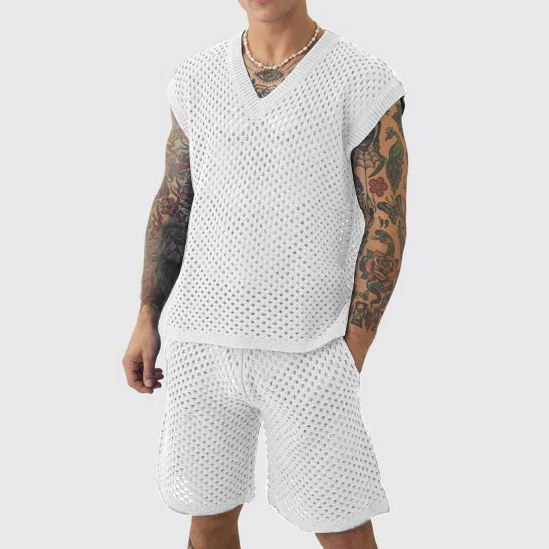 Men's blue V-neck sleeveless vest with matching sports shorts on a hanger