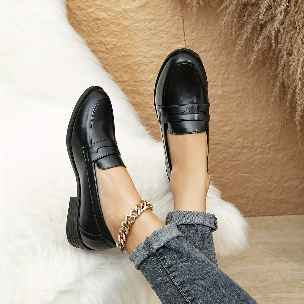 Women's polyurethane loafers shoes with round toe and 6-8CM block heel in black, brown, white, coffee colours