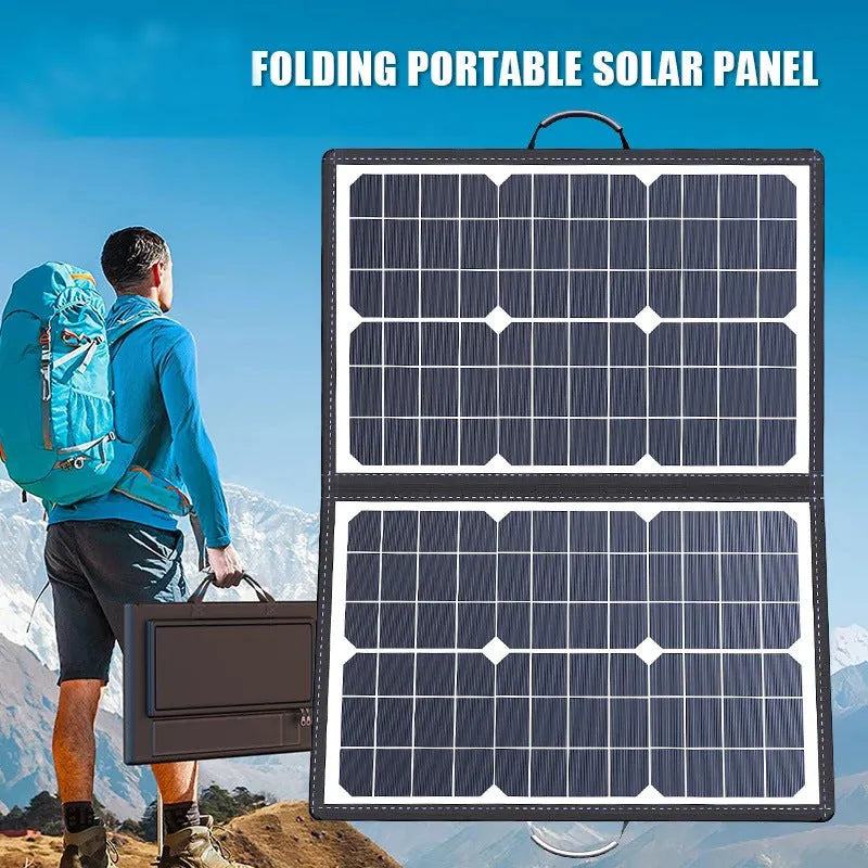 Black 40W single crystal solar panel in a folding bag, shown folded to compact size for portable charging.