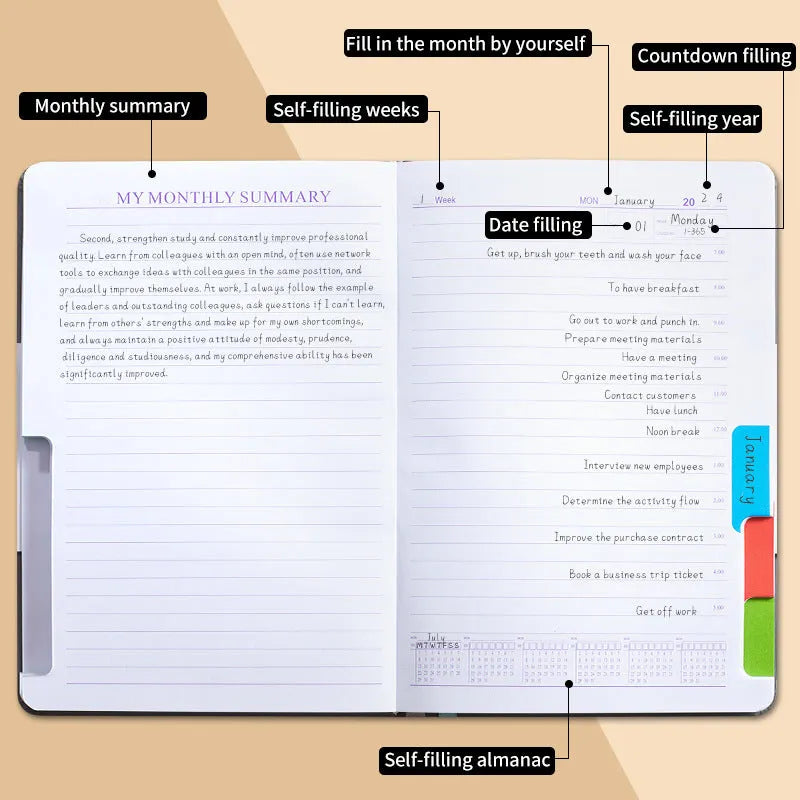 A5 notebook with PU cover, open to show no-date strap and thread binding, with planning stickers.