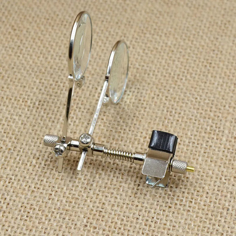 Auxiliary reading glasses with double clip mirror, metal bracket, and glass lens in default format