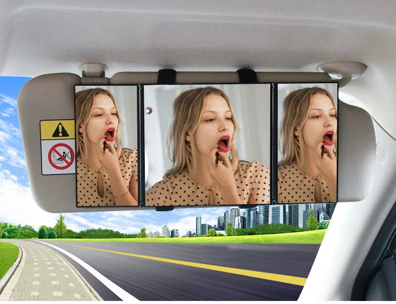 Silver car visor folding makeup mirror showing opened and closed positions
