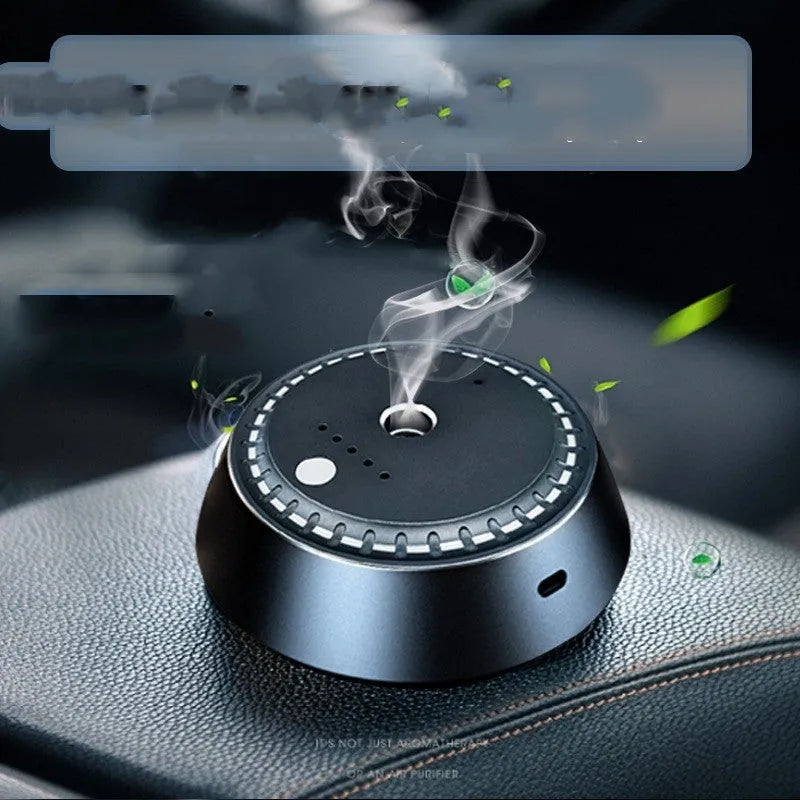 Black metal smart car aroma diffuser 30ml capacity, rechargeable with timer, size 9x4.5cm