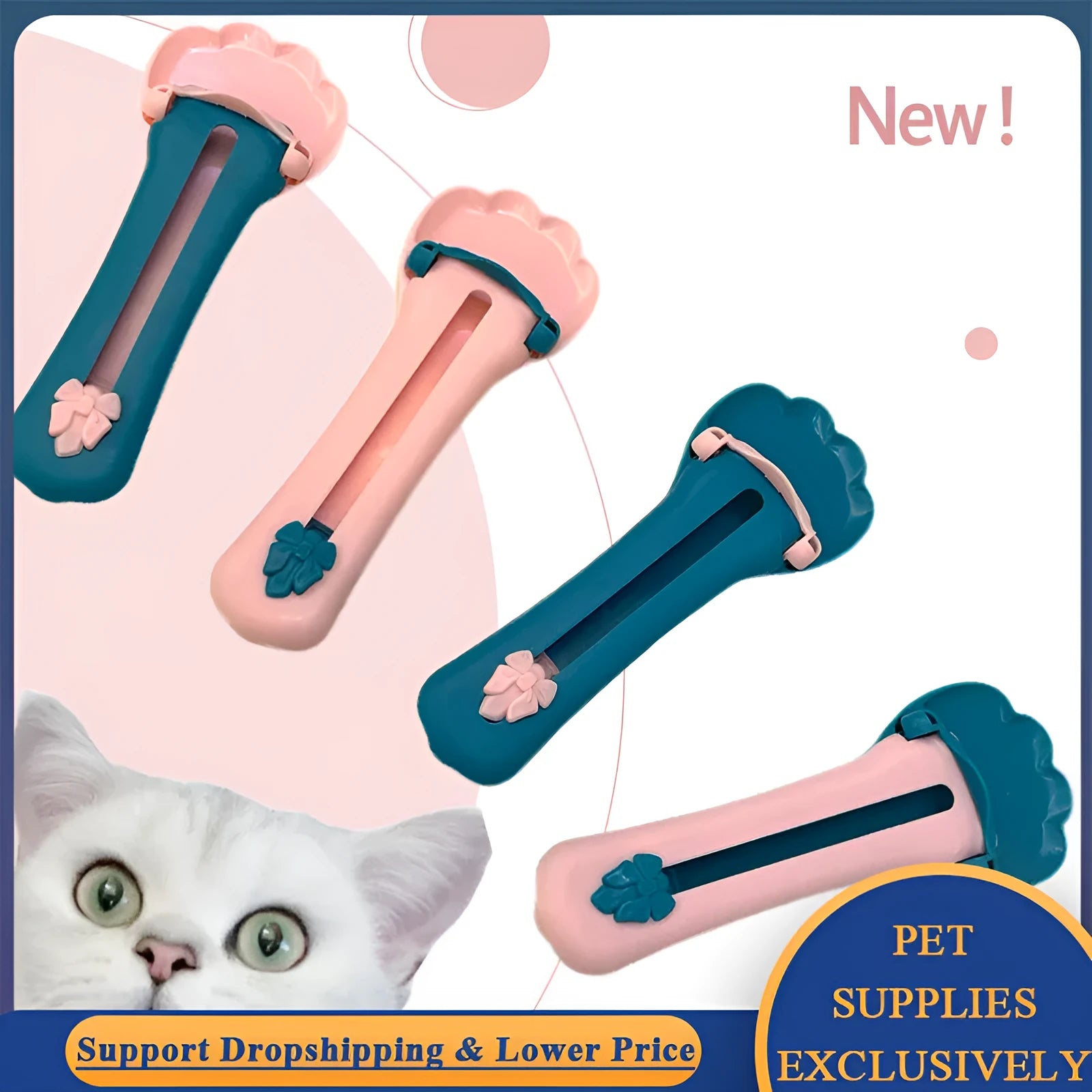 Green and pink pet food squeezer feeder scoop for cats and dogs.