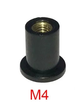 Black rubber motorcycle well nut fasteners with brass threads in M4, M5, and M6 sizes, 10 piece kit.