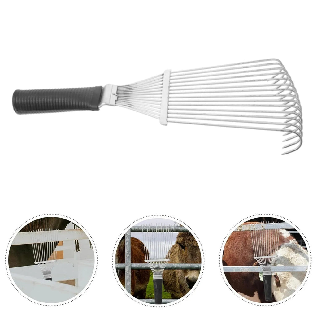 Stainless steel dematting brush rake for grooming horses and pets on a wooden surface.