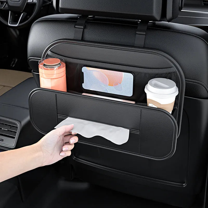 Black genuine leather car seat back storage bag with multiple compartments