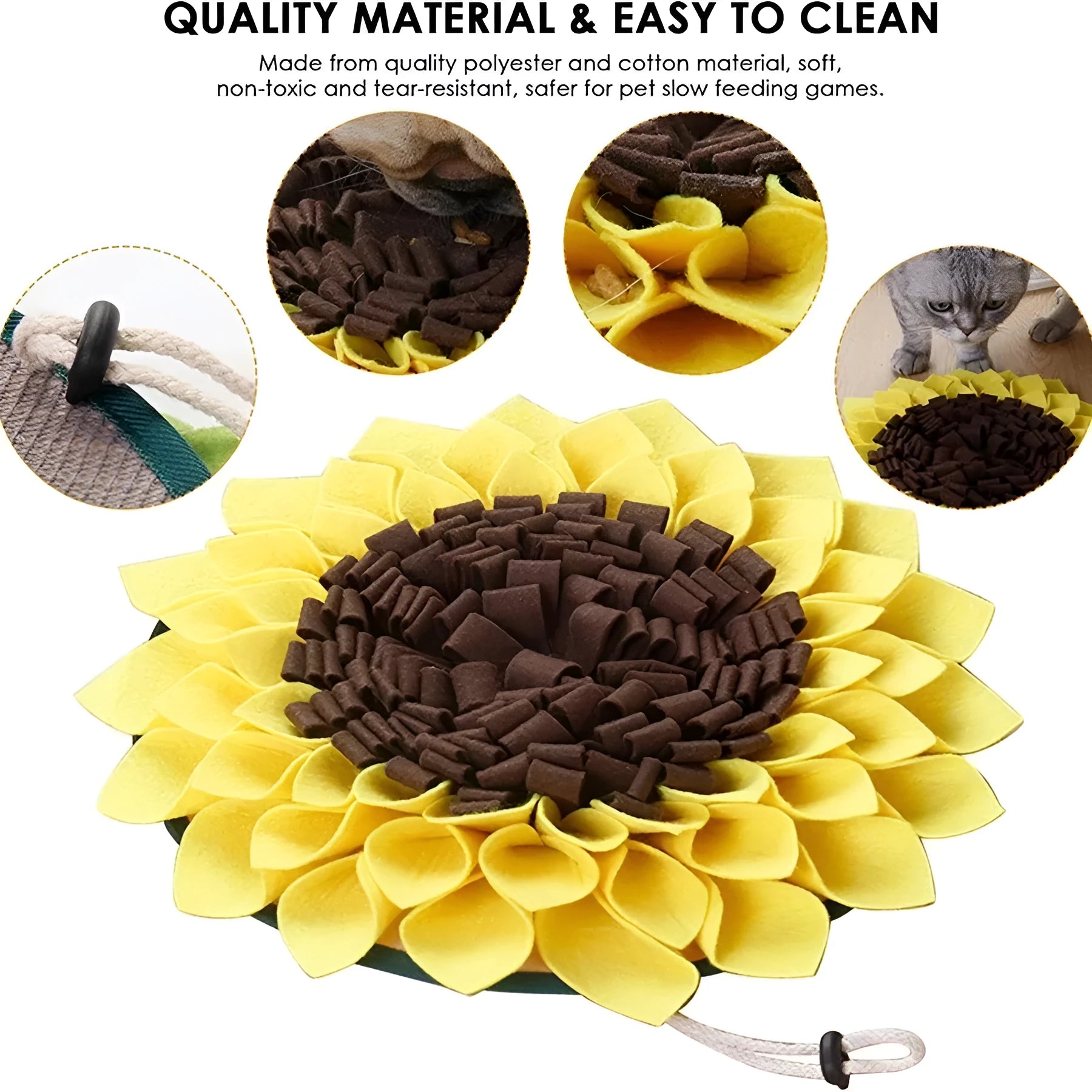 Yellow sunflower-shaped snuffle mat with layered fleece and felt strips for hiding dog treats