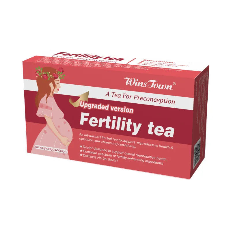 Box of Fertility Tea showing three packs of 30 herbal tea bags each for daily brew wellness supplement
