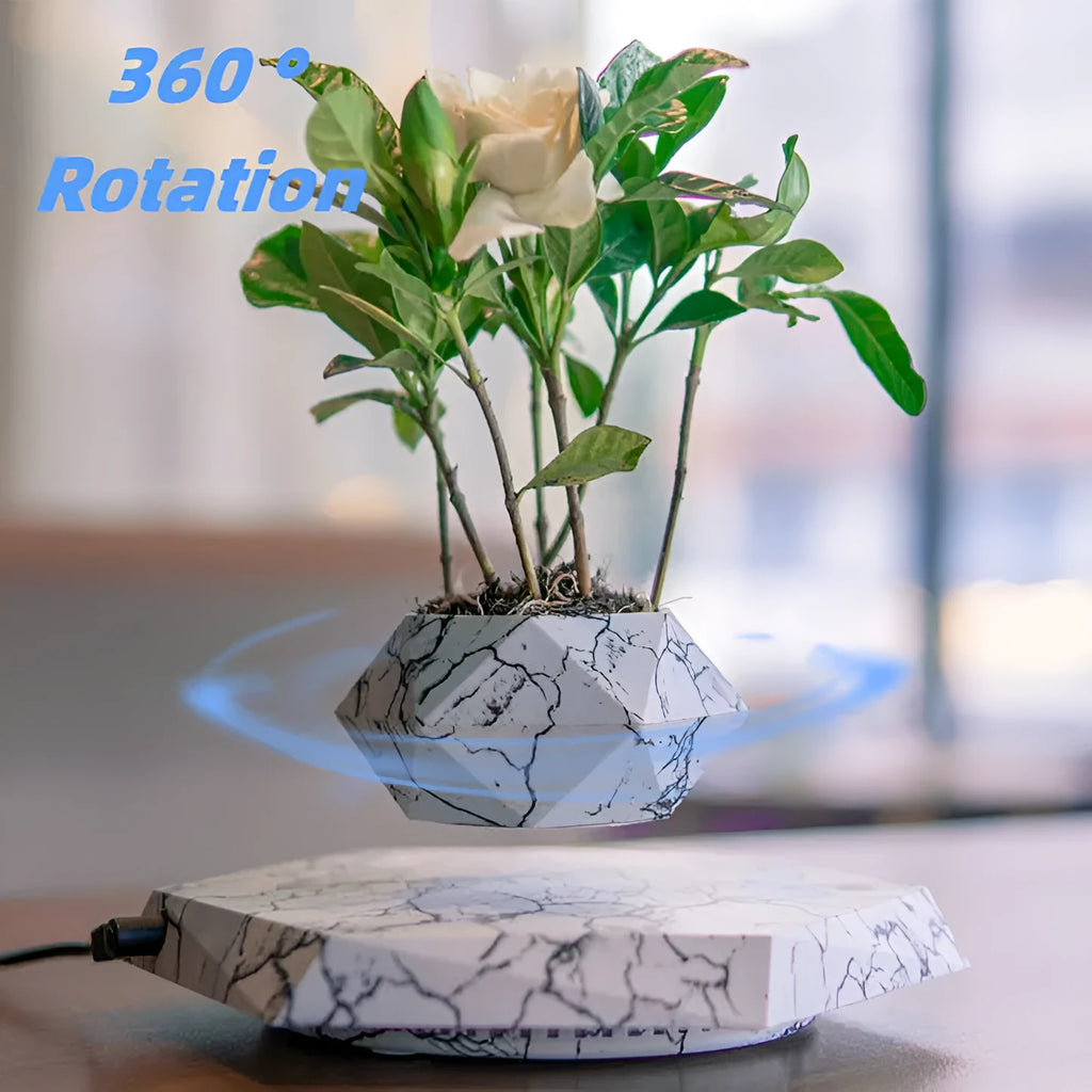 Levitating plant pot marble colour floating with magnetic levitation base