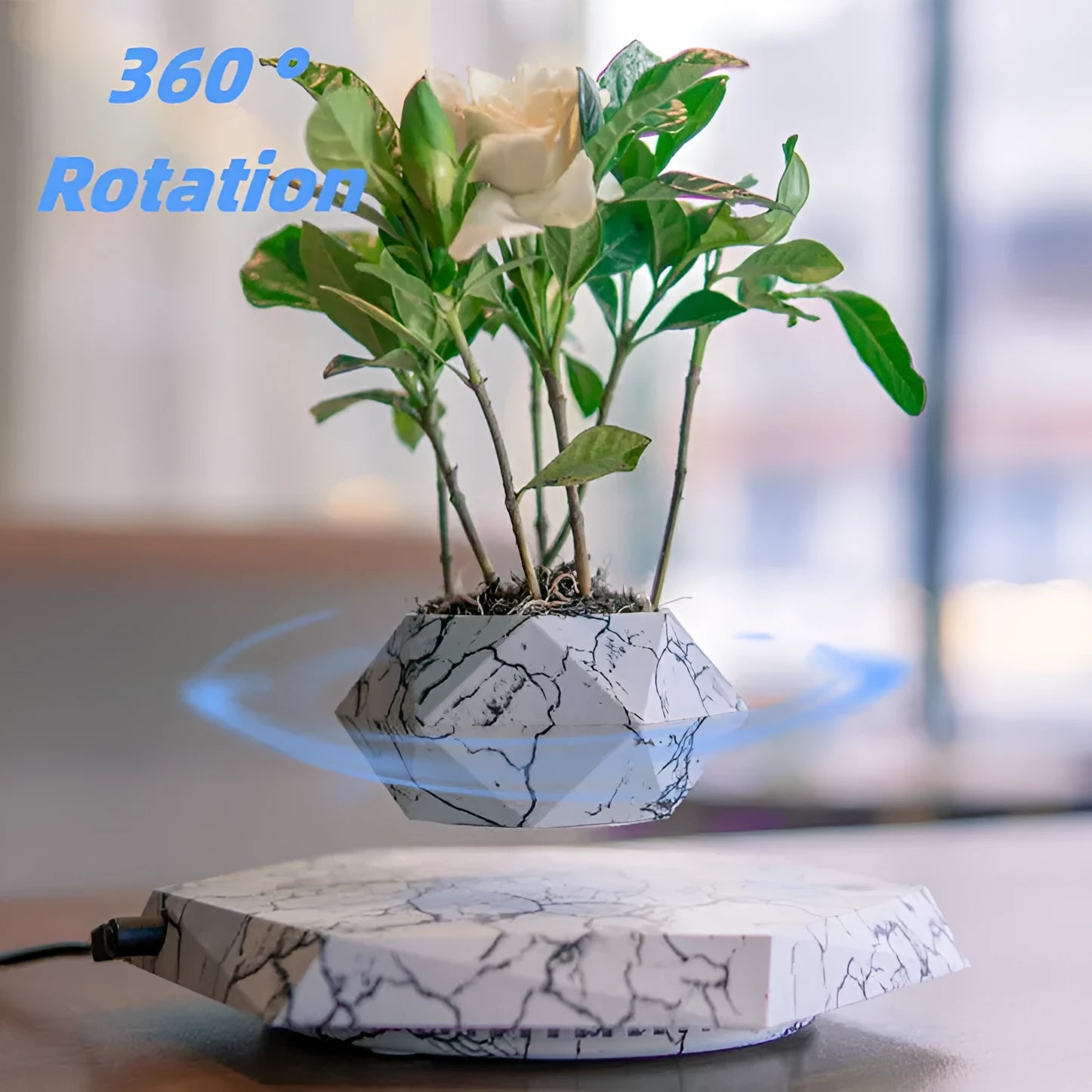 Levitating plant pot marble colour floating with magnetic levitation base