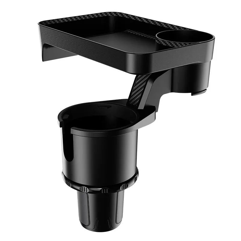 Black car-mounted 360-degree rotating dinner tray holder inserted in vehicle cup holder