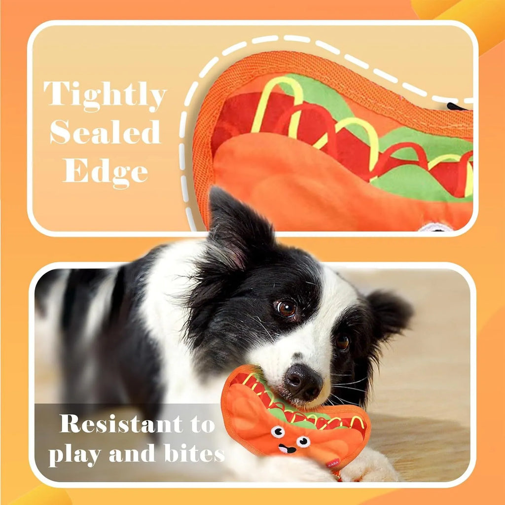 Hamburger-shaped crinkle dog toy with dual squeaker and crinkle sound, no stuffing