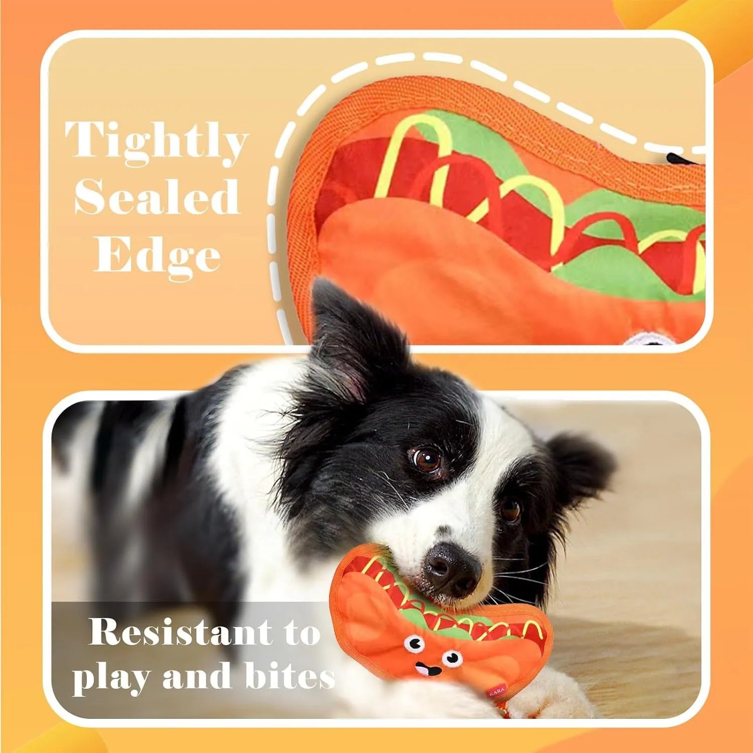 Hamburger-shaped crinkle dog toy with dual squeaker and crinkle sound, no stuffing