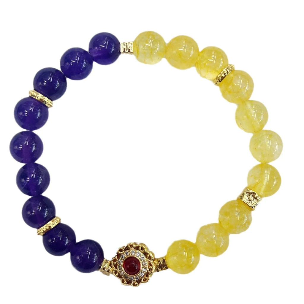 Handmade women's amethyst crystal bracelet with yellow and purple colour tones