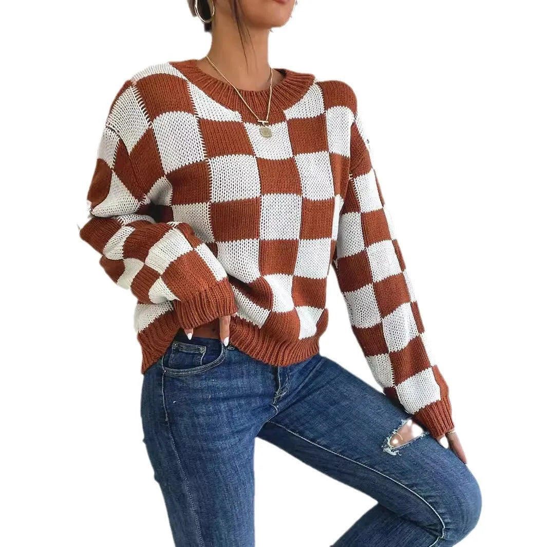 Dark brown chessboard plaid women's pullover sweater with loose round neck and long sleeves