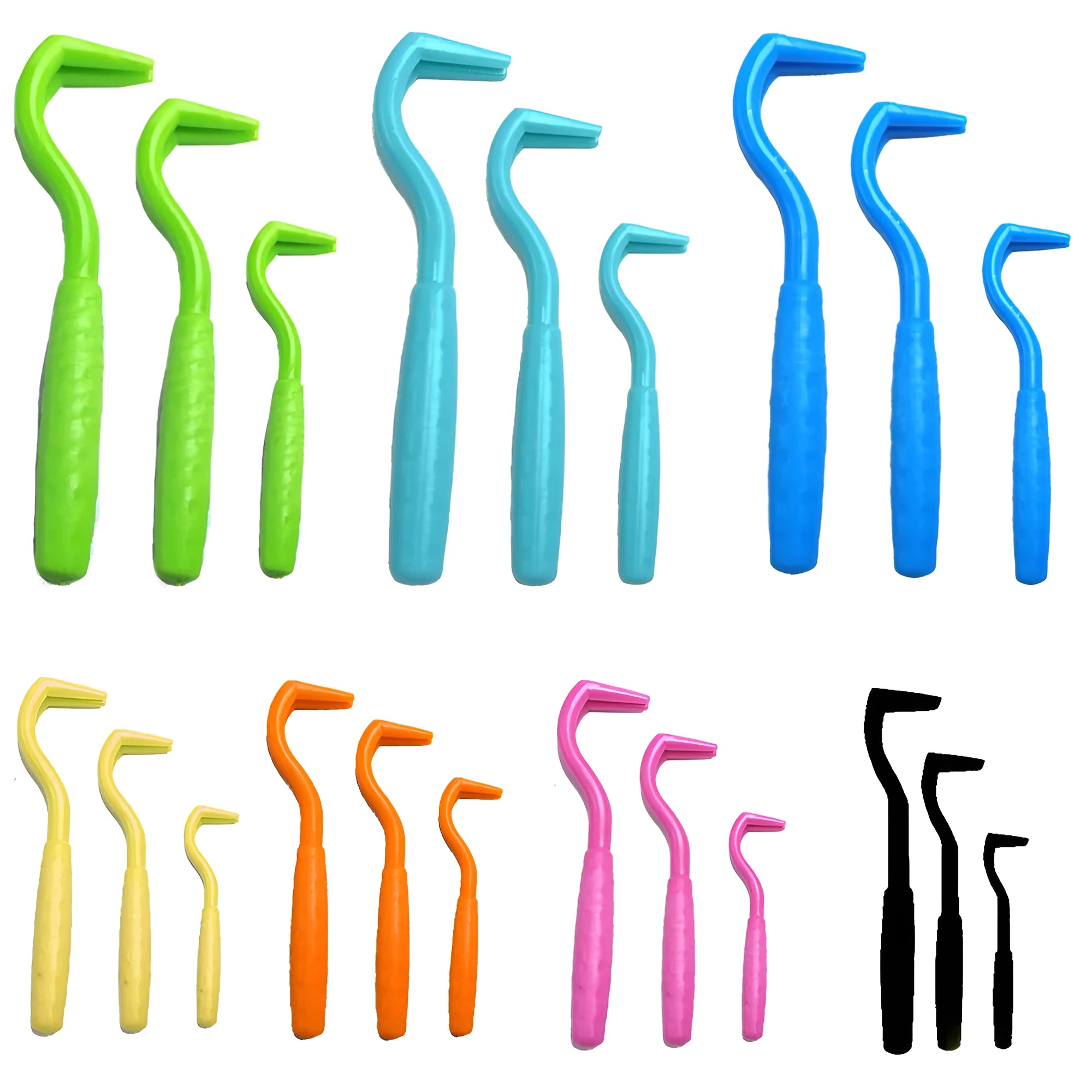 Set of three coloured plastic tick hook removal tools for dogs on a white background