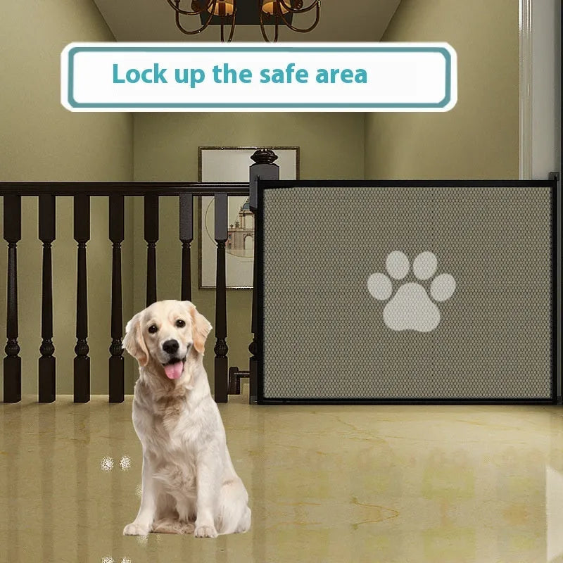 Portable folding dog barrier fence with plastic rod in black dog footprint door sill design