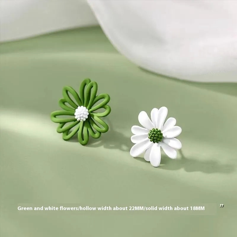 Cartoon flower alloy stud earrings in blue and orange, white and green, or yellow and white two-tone colours