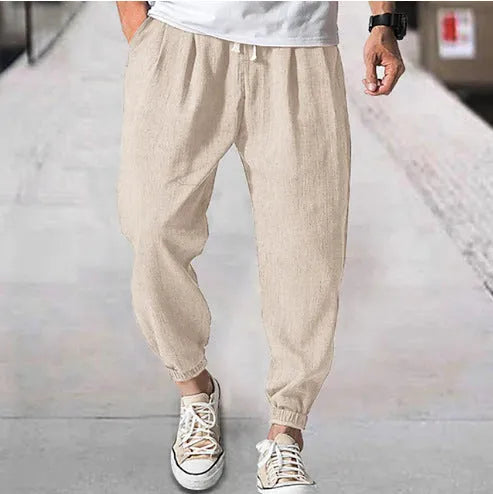 Men's casual loose cotton ankle banded trousers in khaki, summer style with elasticated waist