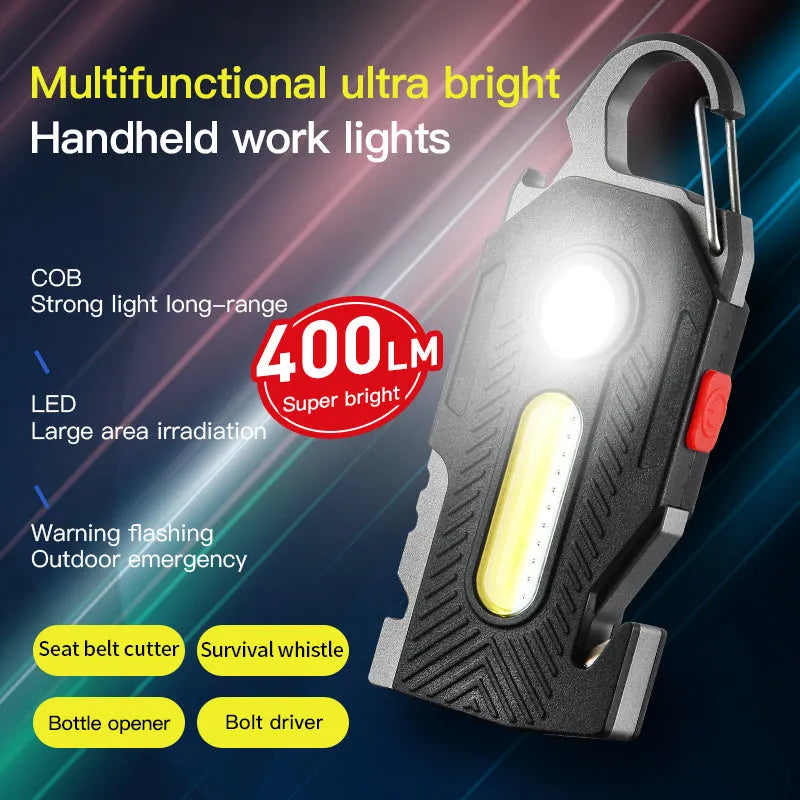 Multifunctional charging emergency light in black with COB and LED panels, mountaineering buckle, and bottle opener