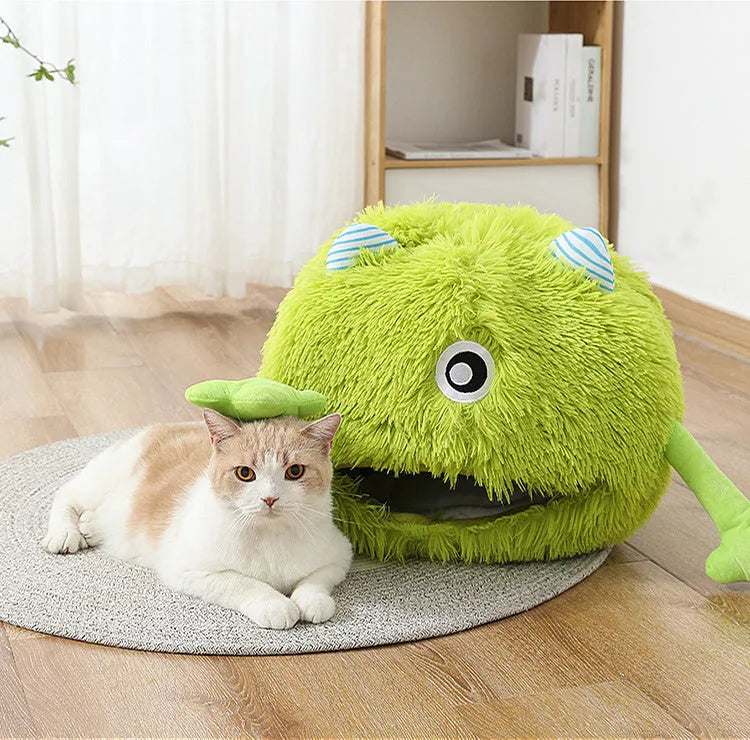Round fluffy cat bed with non-slip bottom in three size options