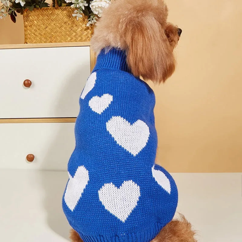 Pink dog knitted acrylic sweater for Valentine's Day on a small dog, front view, size M