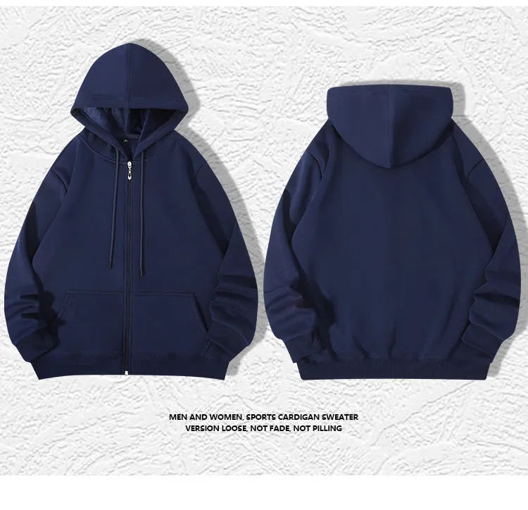 Men's beige heavyweight zip-up hooded cardigan sweater with top-stitch pockets, shown in a loose fit.
