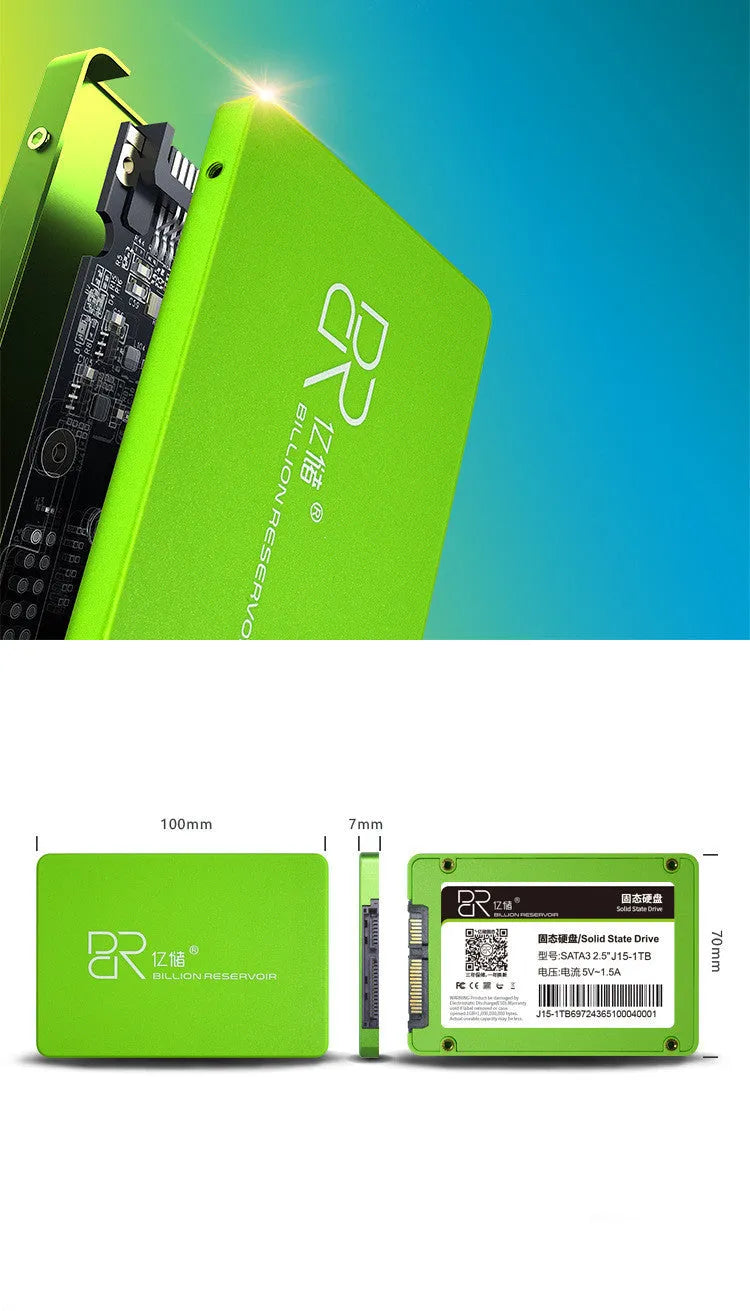 2.5-inch black plastic SATA solid state drive with dimensions 100mm by 70mm
