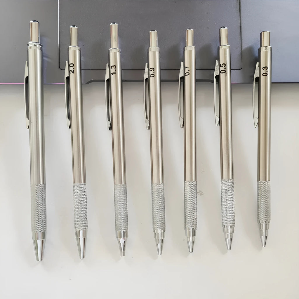 Metal automatic mechanical pencil with push-button mechanism, compatible with 0.5mm to 2.0mm lead sizes