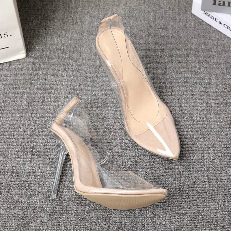 Women's transparent suede pointed stiletto pumps low-cut shallow mouth height increasing shoes apricot colour