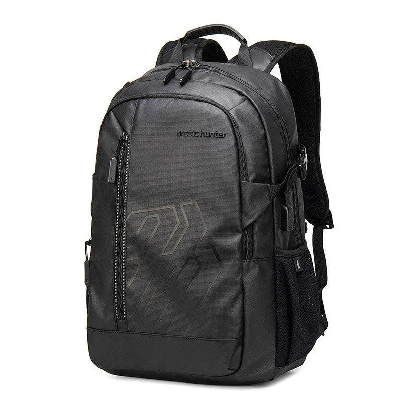 18-inch plaid pattern polyester backpack with curved shoulder strap in black colour