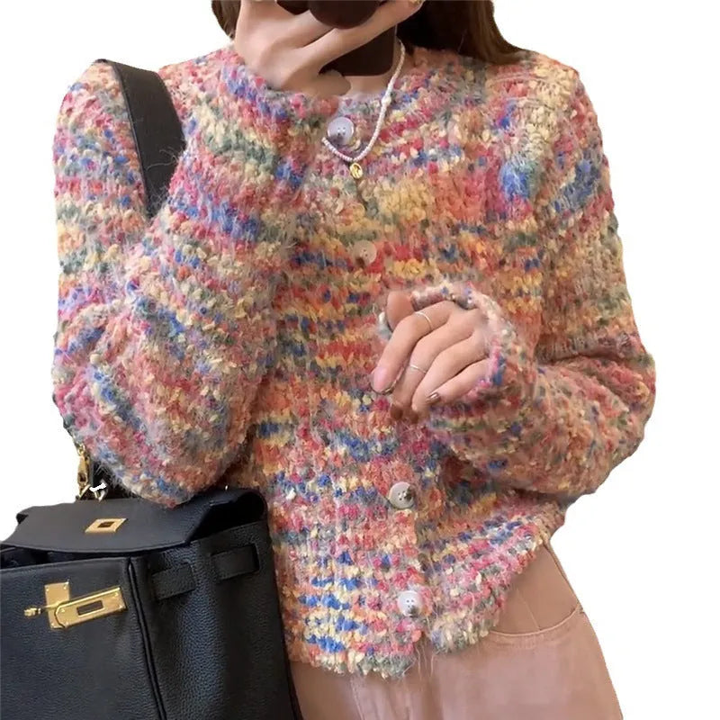 Retro rainbow pattern knitted cardigan sweater in acrylic with pink and green colour options