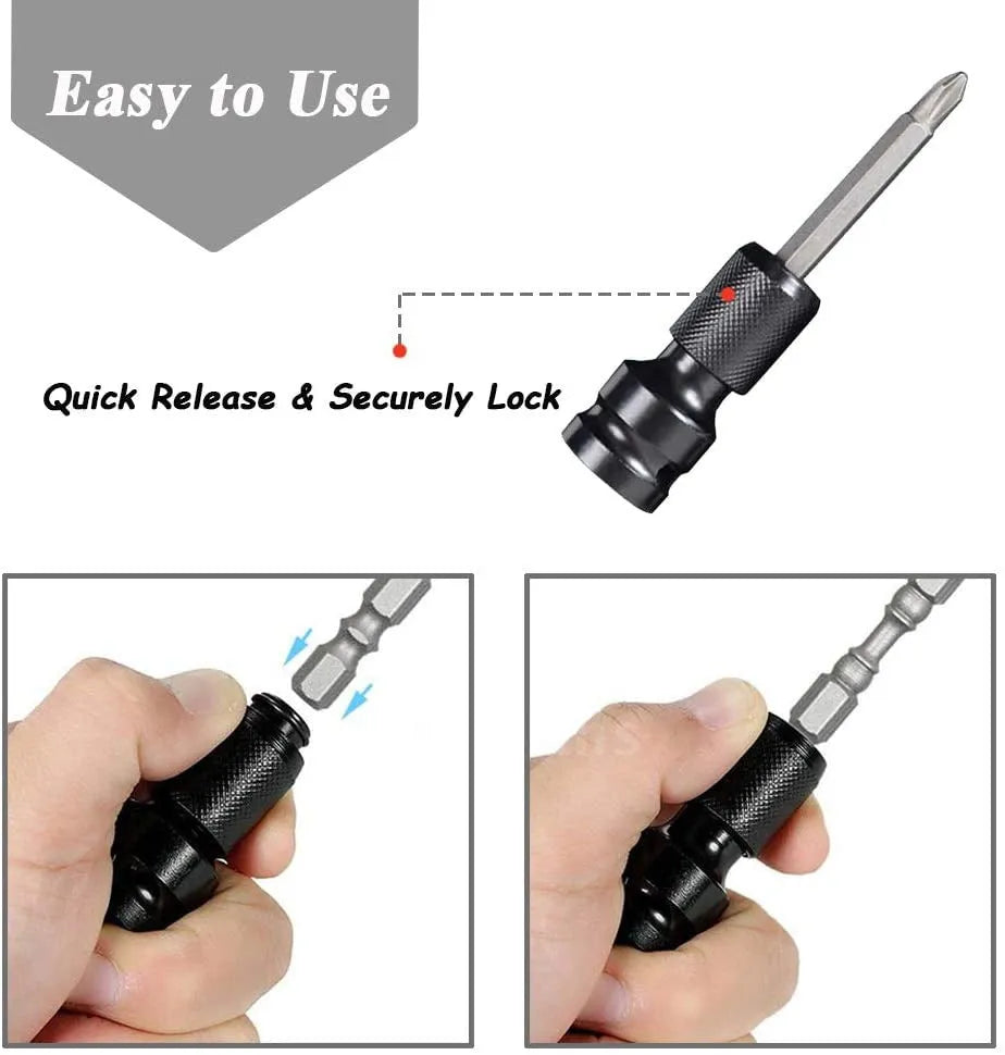 Telescopic scaling bit holder adapter for 1/2" to 1/4" drive conversion with O-ring bolt