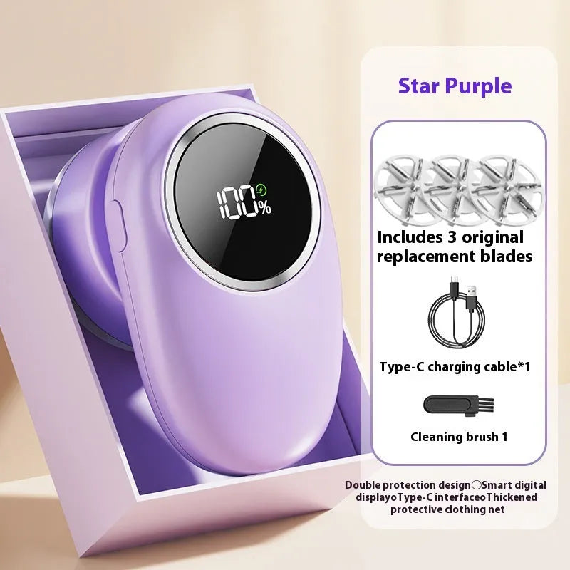 Beige and purple digital display fur ball trimmer with replaceable cutter heads for removing lint from fabrics.