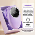 Beige and purple digital display fur ball trimmer with replaceable cutter heads for removing lint from fabrics.