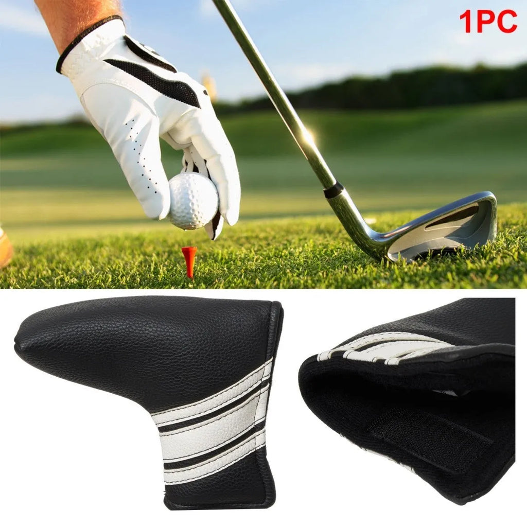 Black PU leather golf putter head cover showing protective sleeve for club head