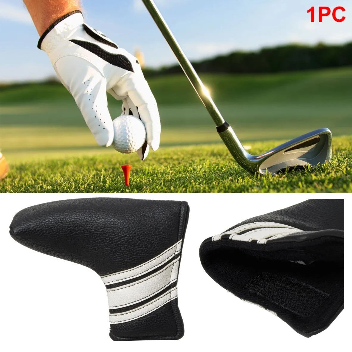 Black PU leather golf putter head cover showing protective sleeve for club head
