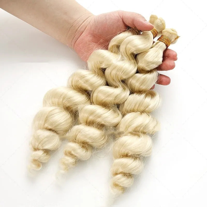 Golden synthetic hair weft wig in three lengths: 18in, 20in, and 22in