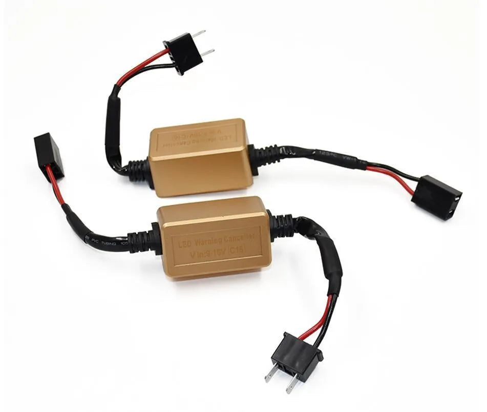 Black alloy Canbus decoder for H4 H7 H11 LED car headlights to fix flicker and error codes.